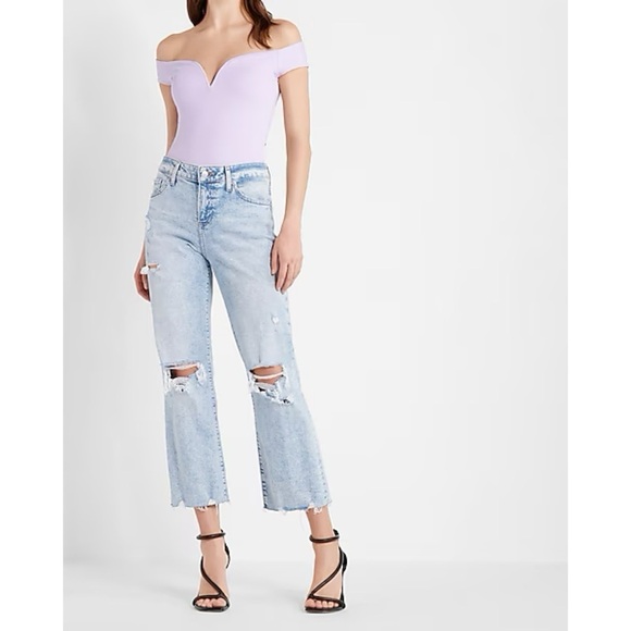 Express Tops - Express Body Contour Ribbed V Wire Off the Shoulder Thong Bodysuit